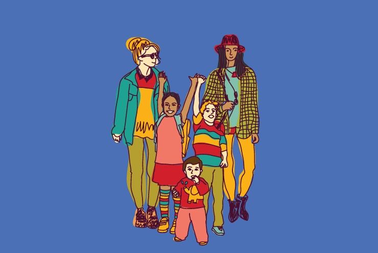 A Family First: An illustration of a lesbian couple with children at Pride.