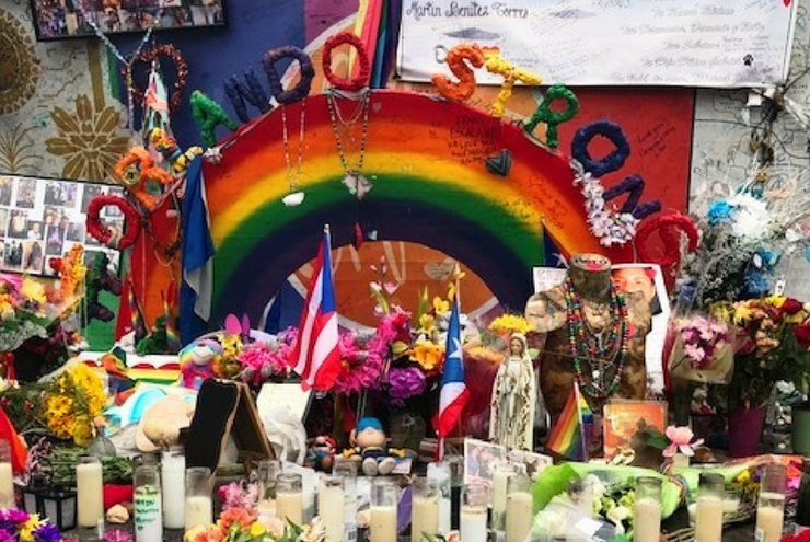 A picture of a memorial at Pulse nightclub in Orlando, Florida one year late.