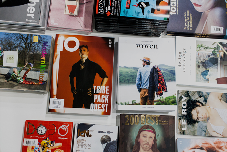 A picture of independent magazines sold at Tomo Mags in Houston, Texas.