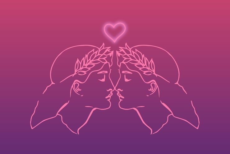 An illustration of two Sapphic lesbians kissing.