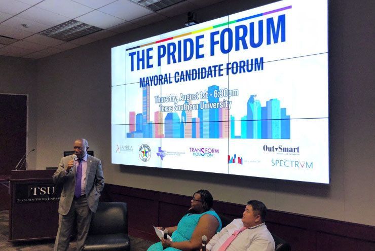 A photo of the Pride Forum with Houston mayoral candidates.