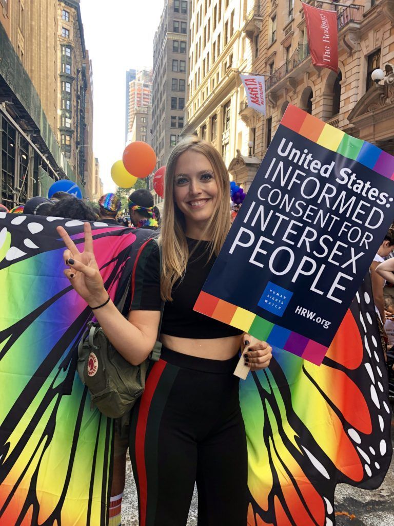 A photo of intersex activist Alicia Roth Weigel at World Pride.