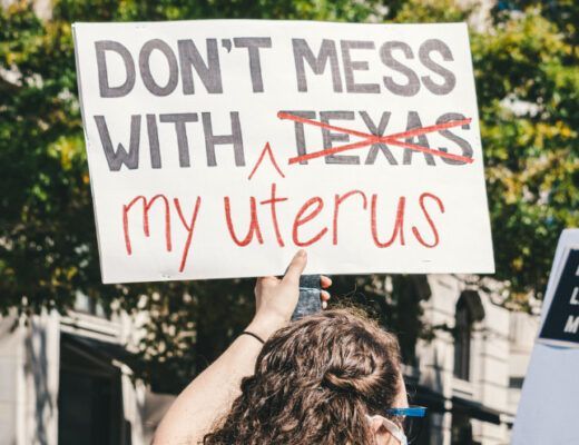 A photo of protests surrounding the Supreme Court overturning Roe v. Wade