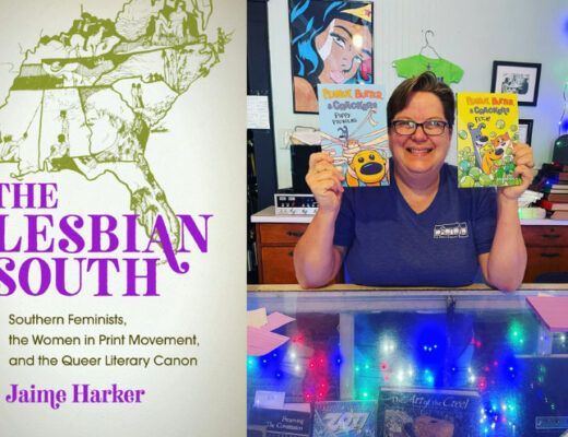 A photo of queer historian of the South Jaime Harker and her book The Lesbian South.