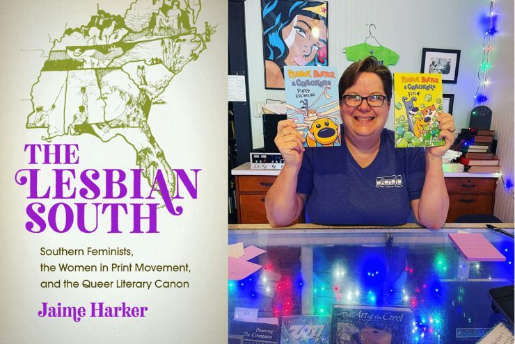 A photo of queer historian of the South Jaime Harker and her book The Lesbian South.