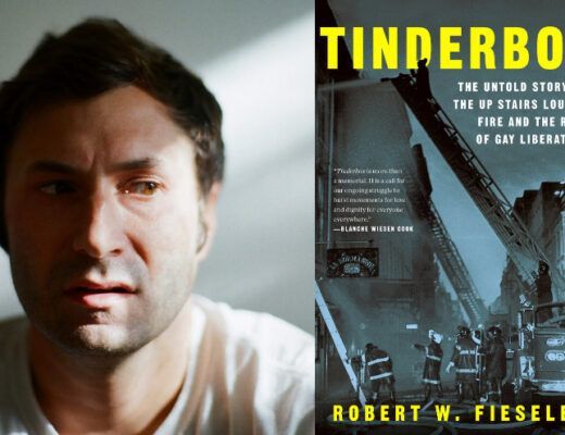 A photo of Robert Fieseler, a historian of the queer South, with his book Tinderbox.