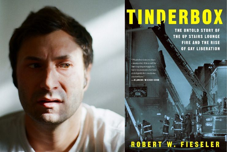 A photo of Robert Fieseler, a historian of the queer South, with his book Tinderbox.
